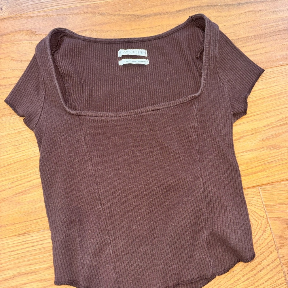 Urban Outfitters Brown Ribbed Square Neck Short Sleeve Top